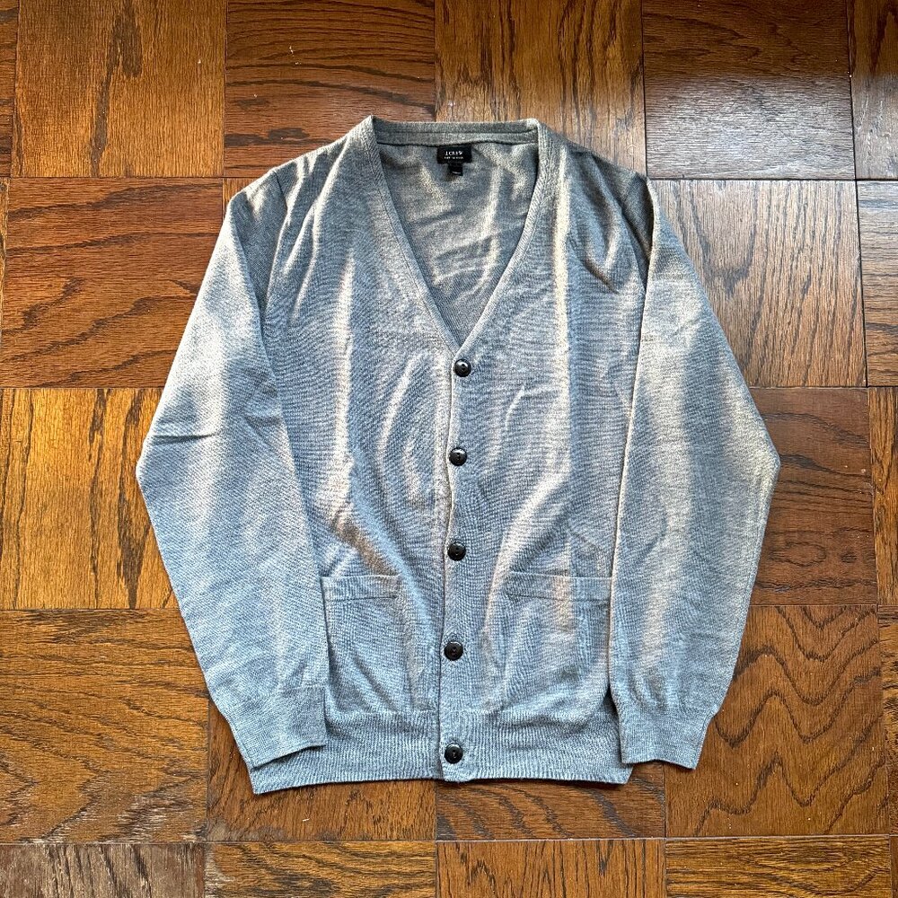 Men's J.Crew Merino Wool Cardigan Sweater - Gray - Medium - V-Neck Buttoned